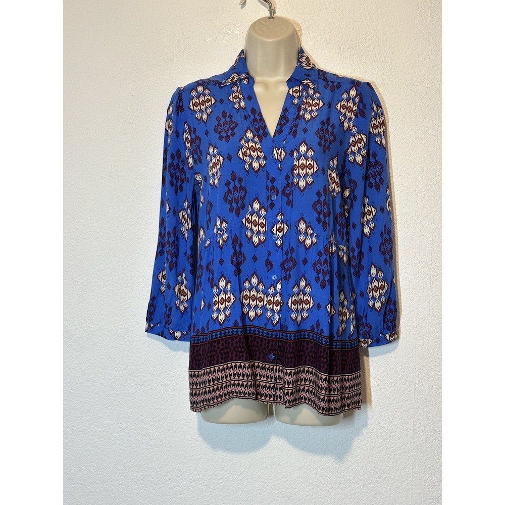 Maeve Anthropologie‎ Shirt Womens 6 Blue Woodland Walk Southwest Top Boho Aztec